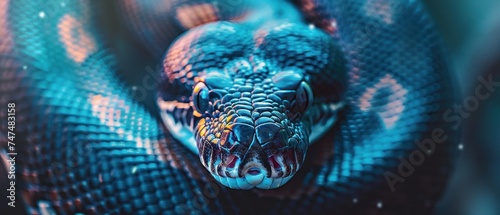 a close up of a snake's head with a blue and yellow snake on it's back end.