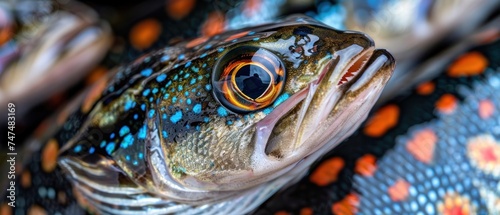 a close up of a fish's face with orange, blue, and green spots on it's body. © Jevjenijs