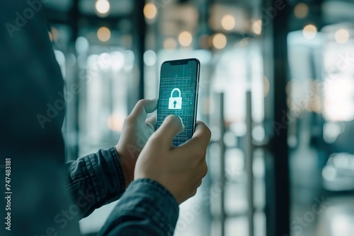 A person holds a smartphone displaying a lock screen for data security.