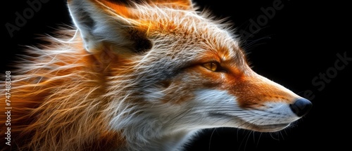 a close up of a red fox's face on a black background with the light coming through its eyes. © Jevjenijs