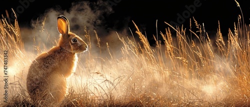 a rabbit sitting in the middle of a field of tall grass with steam rising up from it's ears. photo