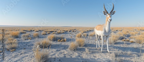 a large antelope standing in the middle of a dry grass field with a blue sky in the background. photo