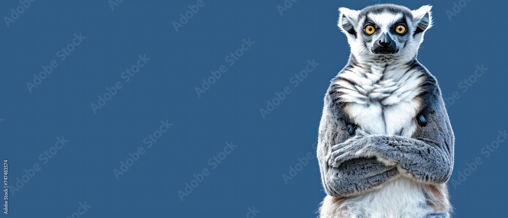 a close up of a lemura standing on its hind legs with its arms crossed and eyes wide open.