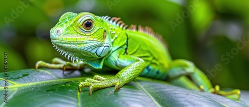 a close up of a green lizard on a leaf with a blurry back ground and green foliage in the background.