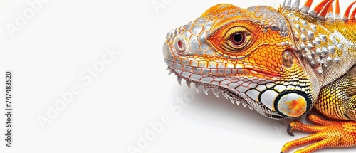 a close up of an iguana on a white background with a red stripe on the bottom of its head. © Jevjenijs