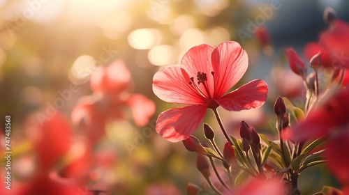 Beautiful flowers at spring season in the garden with soft bokeh sun light background. 