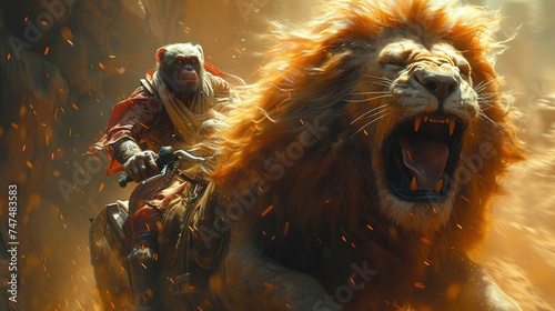 a monkey saddled a lion and rides it surprised facial expression