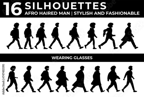 afro haired man silhouettes set, stylish and fashionable