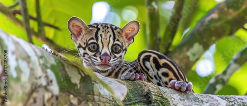 a close up of a small animal on a tree branch with a blurry background of a leafy tree. photo