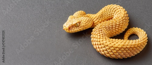 a close up of a yellow snake figurine on a gray surface with a black surface in the background. photo