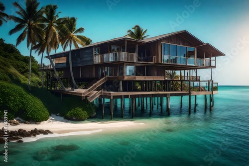 a beach house on stilts, perched over the water © Rao