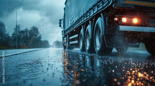a cargo truck on the road realistic image in rainy weather