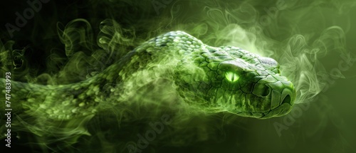 a close up of a green snake's head with a lot of smoke coming out of it's mouth.