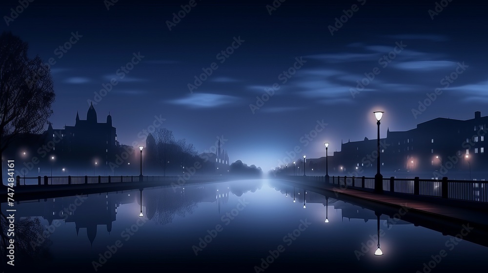 Background scene of empty street. Night view of the river, the night sky with clouds, the reflection of light on the water. Smoke fog