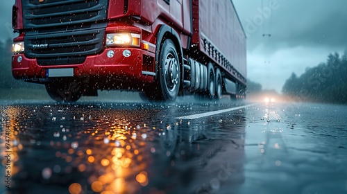 a cargo truck on the road realistic image in rainy weather