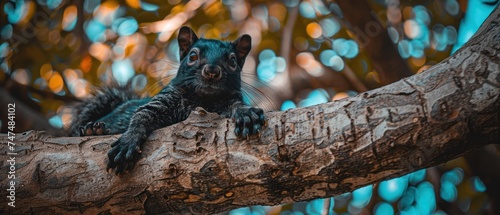 a close up of a tree branch with a small animal sitting on it's branch and looking at the camera. photo