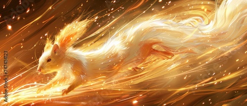 a digital painting of a squirrel flying through the air with fire coming out of it's back legs and tail. photo