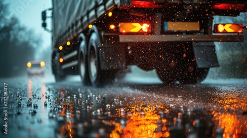 a cargo truck on the road realistic image in rainy weather