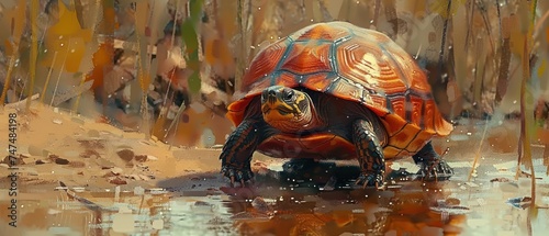 a painting of a tortoise in the water with its head in the water and it's reflection in the water. photo