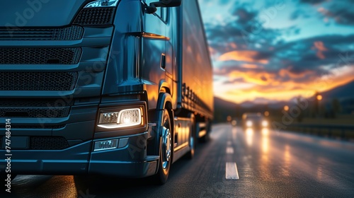 Close-up of  a cargo truck on the road at sunset