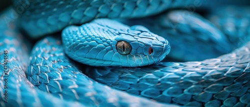 a close up of a blue snake's head with it's eyes open and it's tongue out.