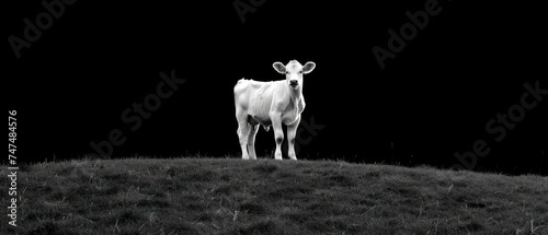 a black and white photo of a cow standing on a hill in the middle of a black and white photo. photo