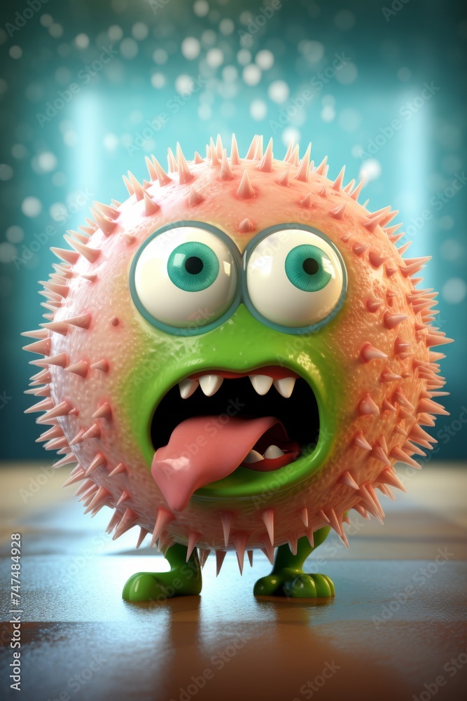 Funny green virus with a facial expression. 3d illustration
