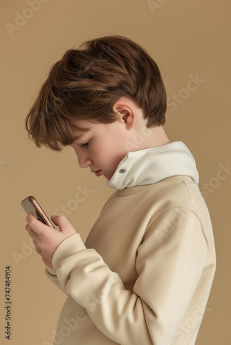 Ein zehnjähriger Junge guckt konzentriert in sein Smartphone im Seitenprofil isoliert vor beigem Hintergrund, Konzept für Abhängigkeit von Technologie, handysüchtige Kinder, Kyphose und Text Neck photo