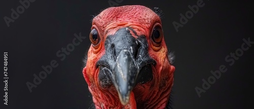 a close up of a red and black bird with a black back ground and a black back ground behind it.