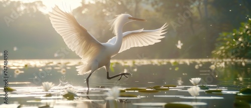 a large white bird standing on top of a lake next to a lush green forest filled with water lilies.