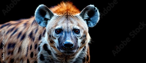 a close up of a hyena's face with an orange streak on it's left side. photo