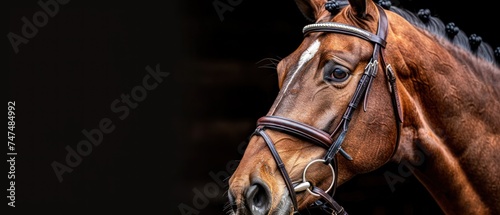 a close up of a brown horse with a bridle on it s head and a black background.