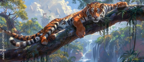a painting of a tiger resting on a tree branch in a jungle with waterfalls and trees in the background.