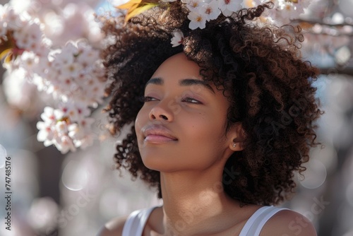 Woman and cherry blossoms. Background with selective focus and copy space © top images