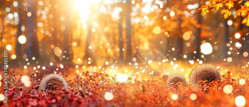 the sun shines brightly in the background of a forest filled with red and yellow flowers and dandelions.