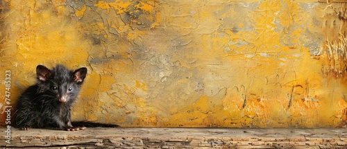 a rat is sitting on a ledge in front of a yellow wall with a paint chipping off of it. photo