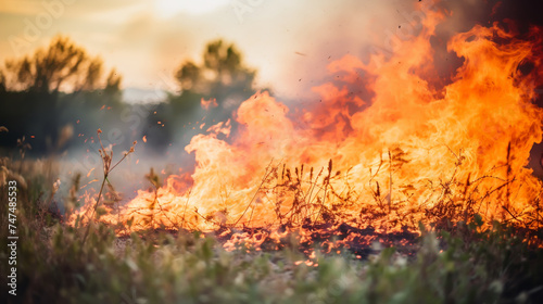 Dry grass burns on meadow in countryside at sunset. Wild fire burning dry grass in field. Orange flames and billowing smoke. Open fire. © alexkich
