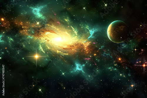 A digital art of a galaxy, with stars, planets, and nebulas