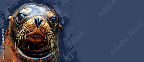 a close up of a sea lion's face on a blue background with paint splattered on it. photo