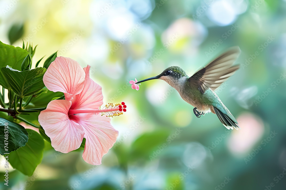 Fototapeta premium a hummingbird hovering over a pink hibiscus flower