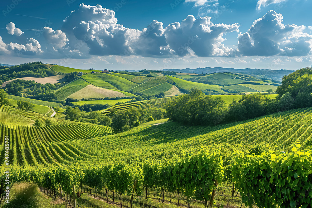 A panoramic view of a beautiful wine region with rolling hills and vineyards