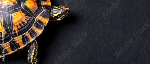 a yellow and black turtle sitting on top of a black surface with its head turned to the side of the turtle. photo