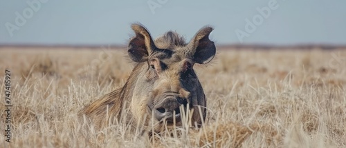 a warthog looks at the camera while standing in a field of dry grass with a blue sky in the background. photo