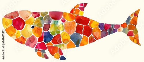 a painting of a fish made up of many different colors of different shapes and sizes of fish on a white background. photo