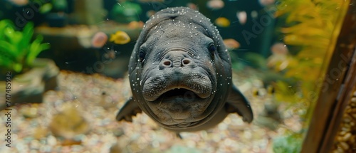 a close up of a fish in a tank with a lot of fish in it's mouth and some plants in the background. photo