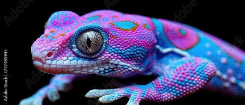 a close up of a blue and pink gecko on a black background with a light reflection on the eye of the gecko. photo