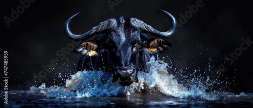 a painting of a bull with large horns standing in a body of water with splashes of water around it. photo