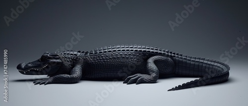 a large black alligator laying on top of a white floor next to a black wall and a gray wall behind it. photo