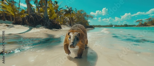 a brown and white dog walking on a sandy beach next to a body of water with palm trees in the background.