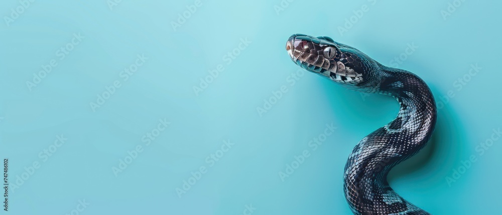 a black and white snake with its mouth open on a blue background with a shadow of it's head. a black and white snake with its mouth open on a blue background with a shadow of it's head.